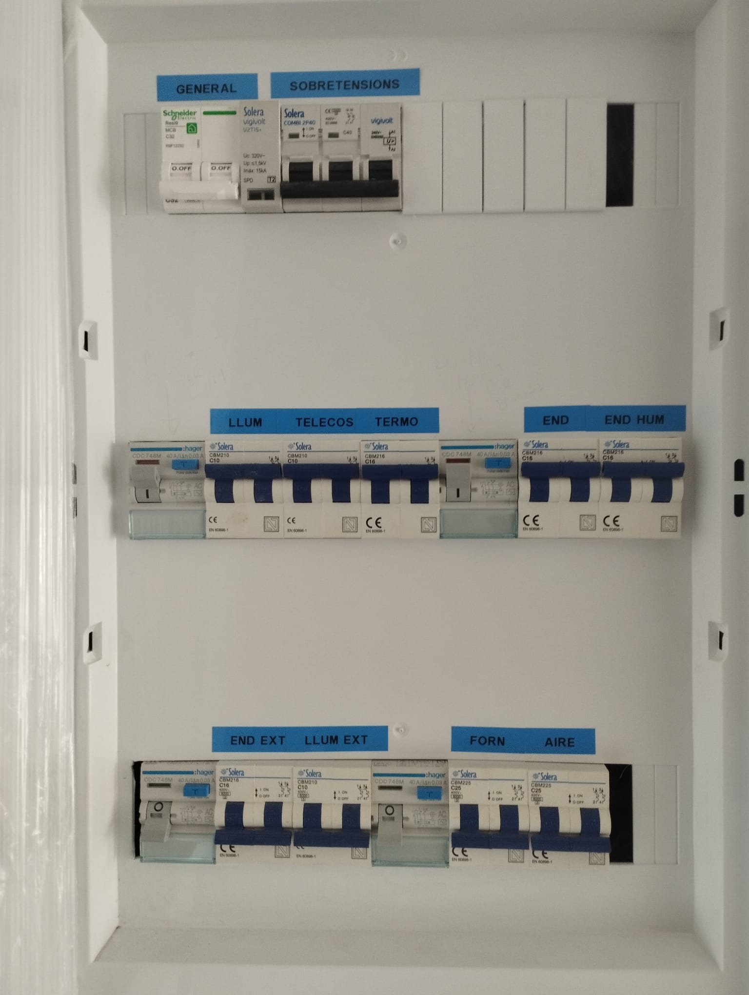 Quadre elèctric domèstic amb automàtics Hager i Solera etiquetats en català